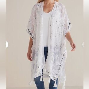 NWT Soft Surroundings Greyish White Floral & Sequin Kimono Swimsuit Coverup OS